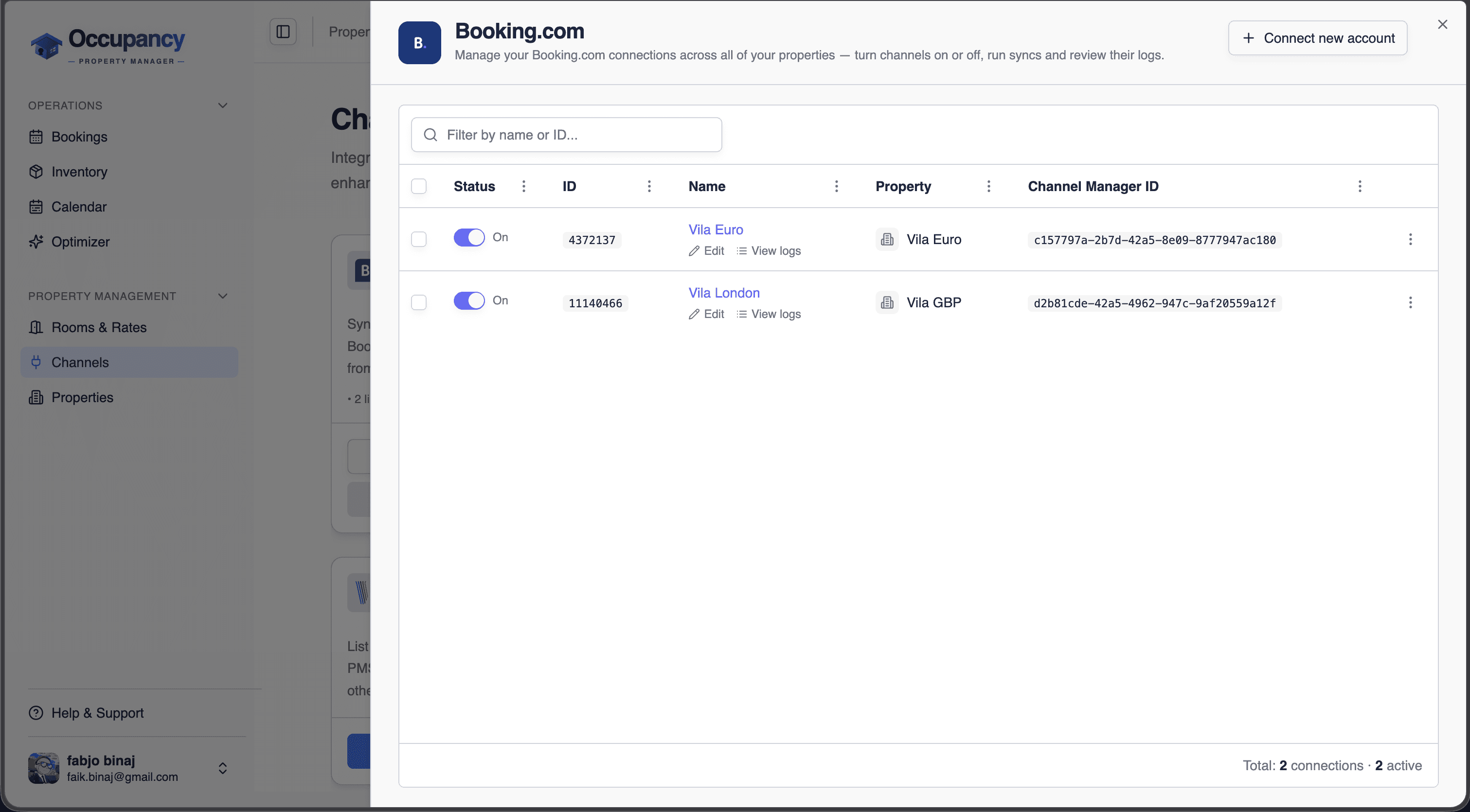 Booking.com channel connection sheet with two linked properties