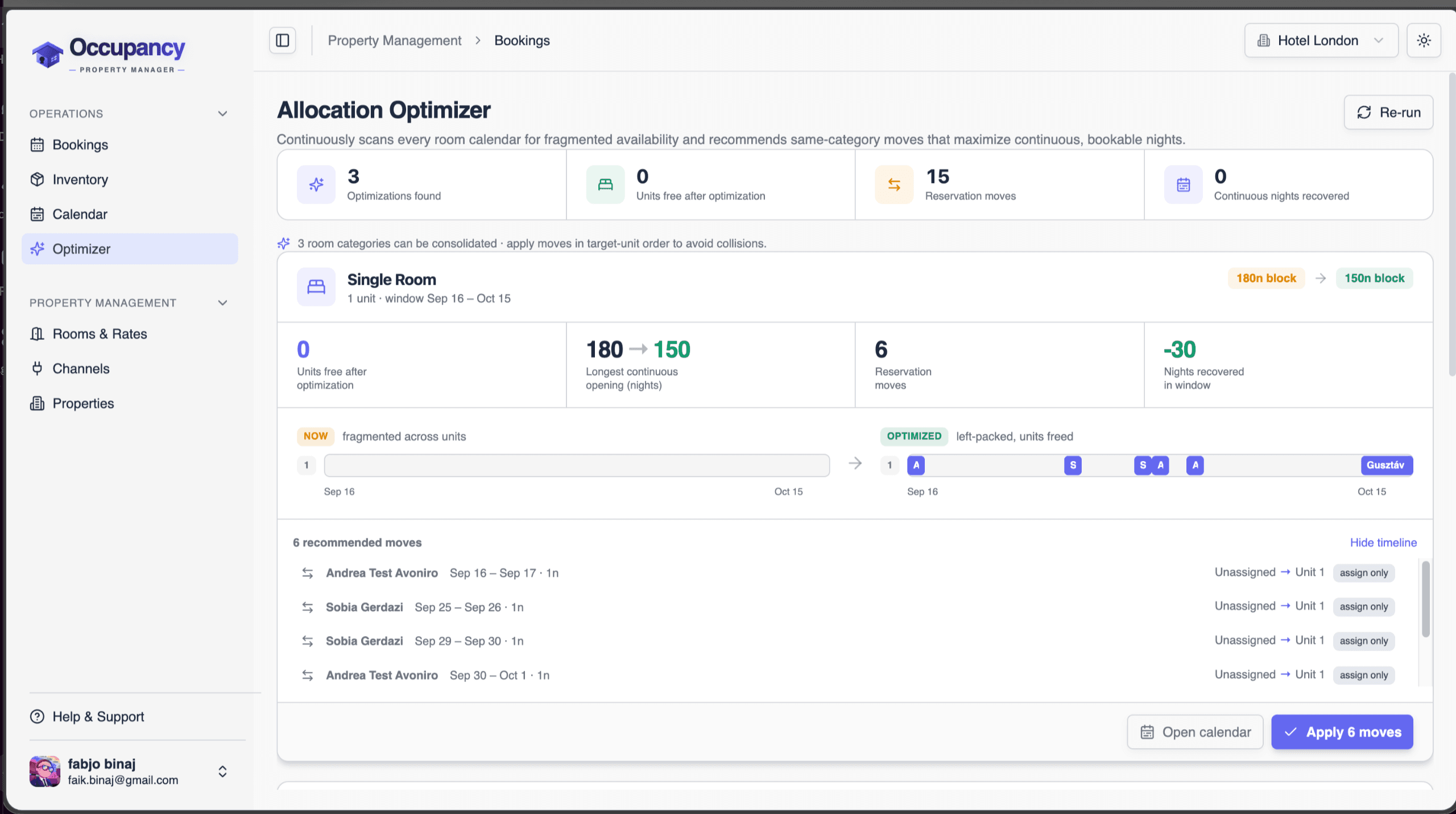 Allocation optimizer showing recommended reservation moves and nights recovered